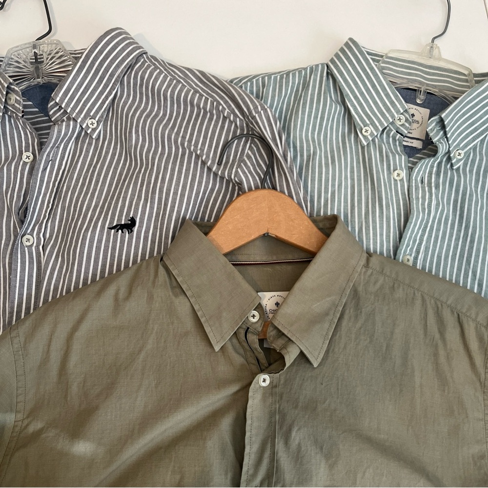 Men’s Charcoal Premium Edition Bundle Olive and Striped Button Down lot of 3 Lge